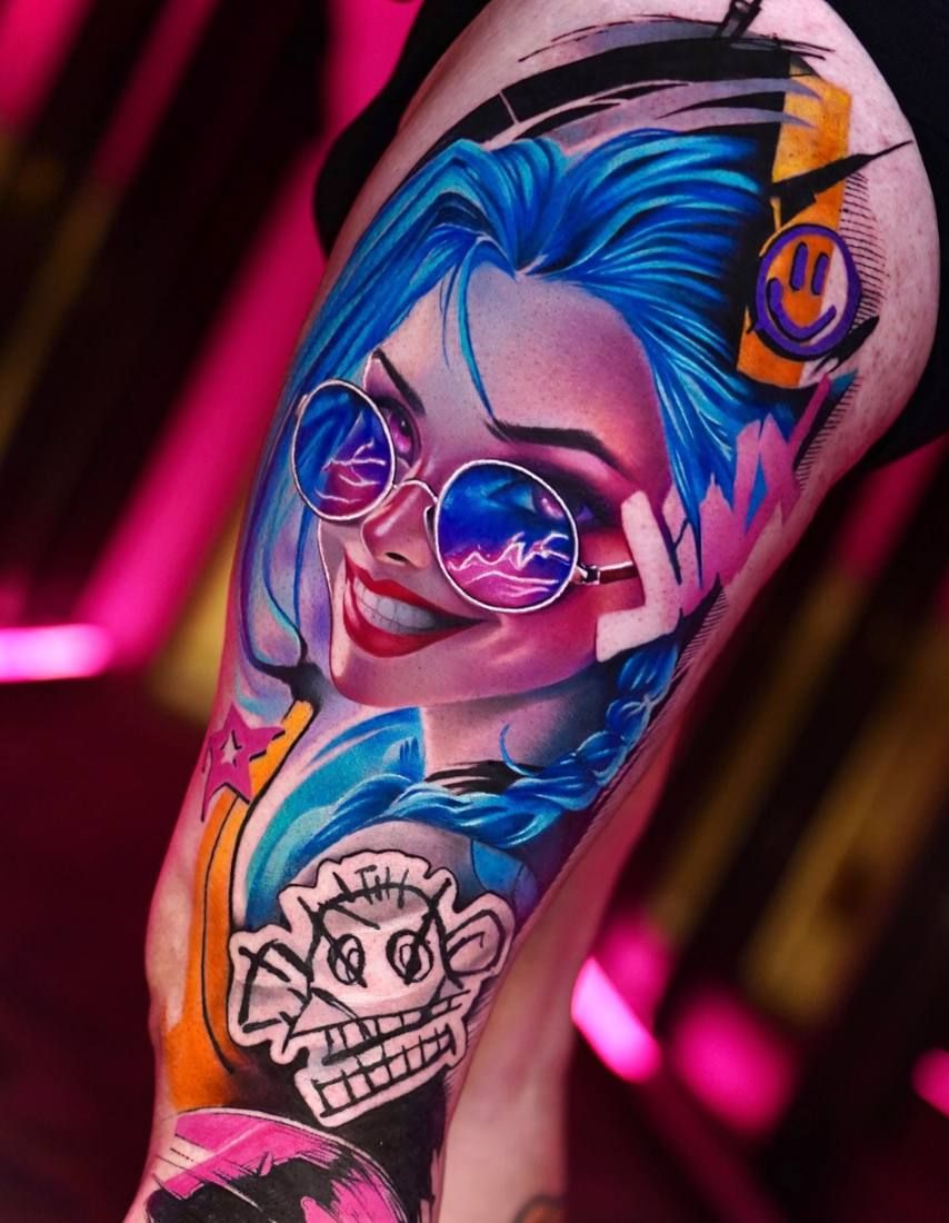 Colour realism tattoo by Starletink: portrait with blue hair and round sunglasses, pink and orange accents