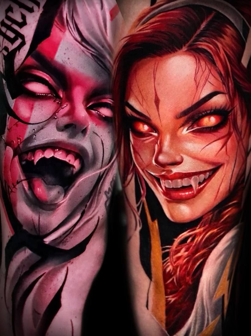 Colour realism tattoo by Starletink: two vampire faces in red and pink